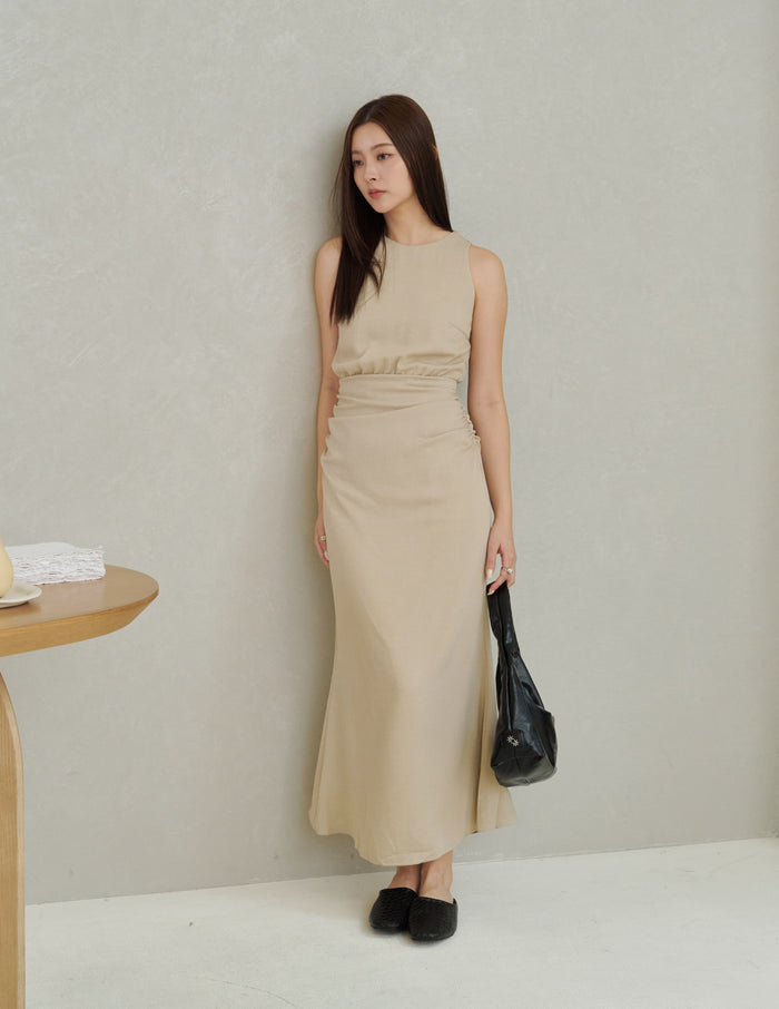 Cameron Ruched Dress in Beige