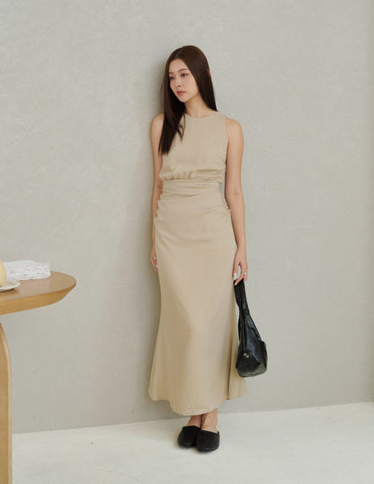 Cameron Ruched Dress in Beige