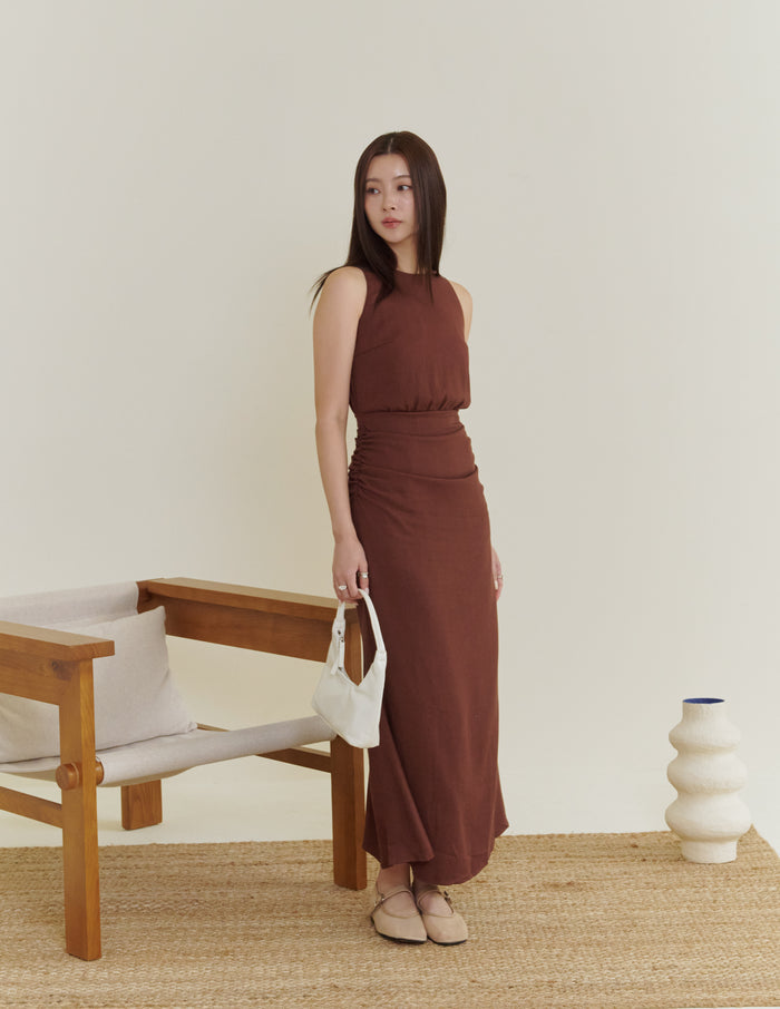 Cameron Ruched Dress in Brown