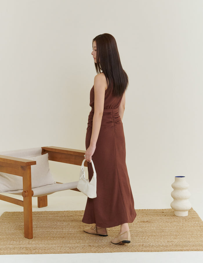 Cameron Ruched Dress in Brown