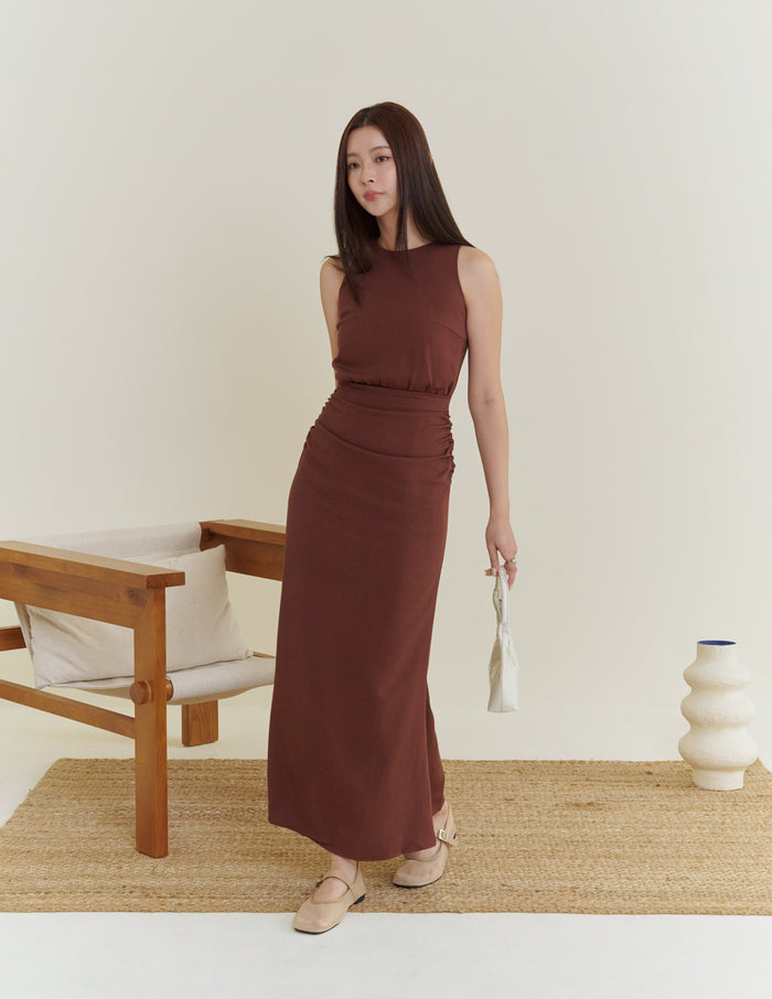 Cameron Ruched Dress in Brown
