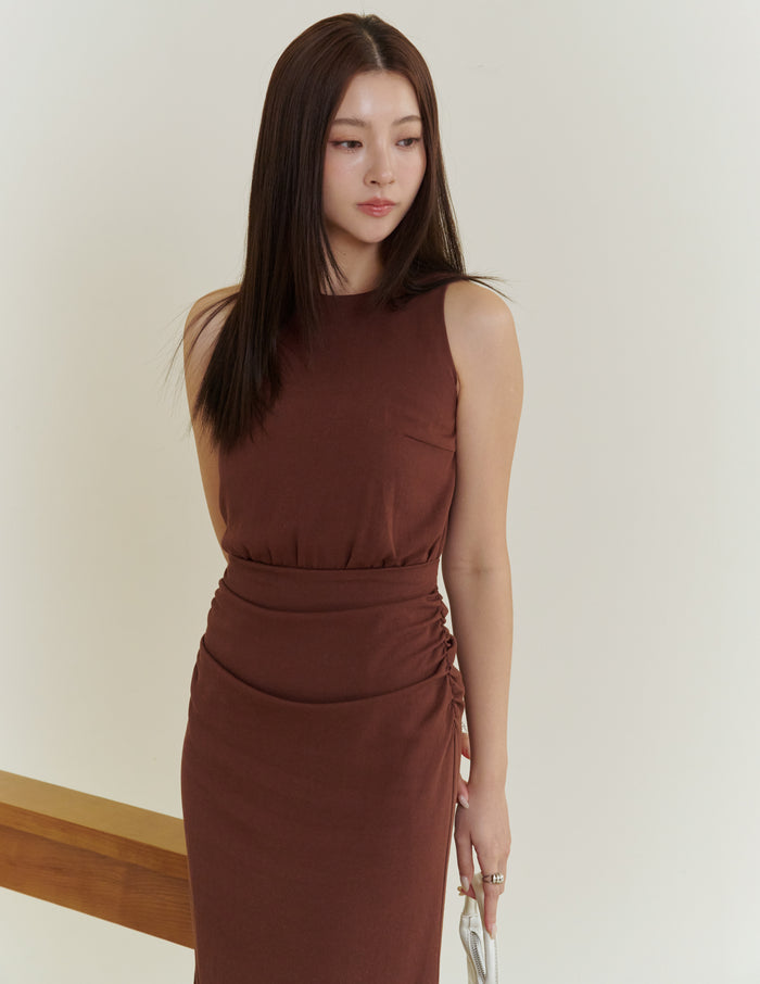 Cameron Ruched Dress in Brown