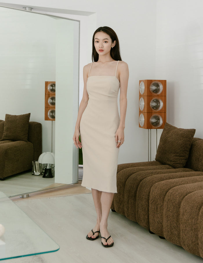Carol Padded Midi Dress in Beige