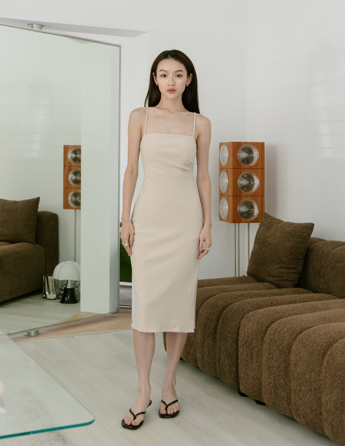 Carol Padded Midi Dress in Beige