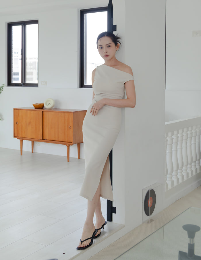 Carys Off Shoulder Midi Dress in Beige