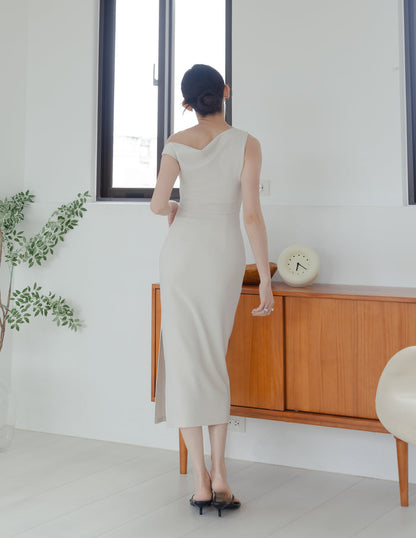 Carys Off Shoulder Midi Dress in Beige