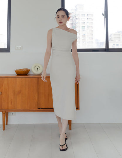 Carys Off Shoulder Midi Dress in Beige