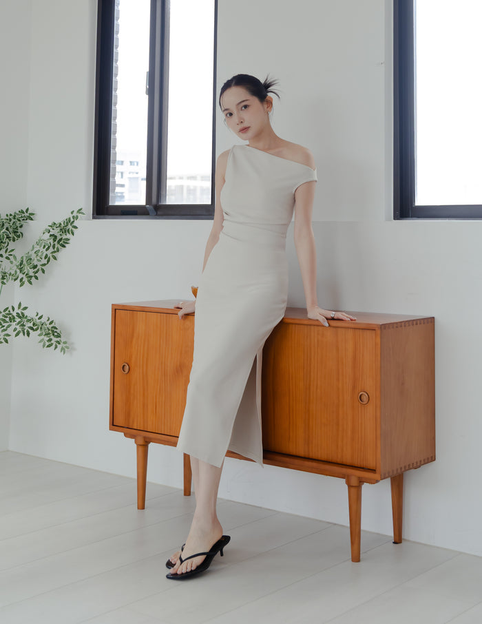 Carys Off Shoulder Midi Dress in Beige