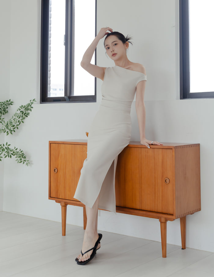 Carys Off Shoulder Midi Dress in Beige