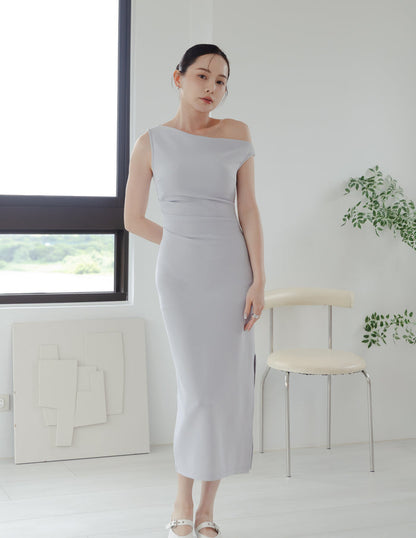 Carys Off Shoulder Midi Dress in Grey Blue
