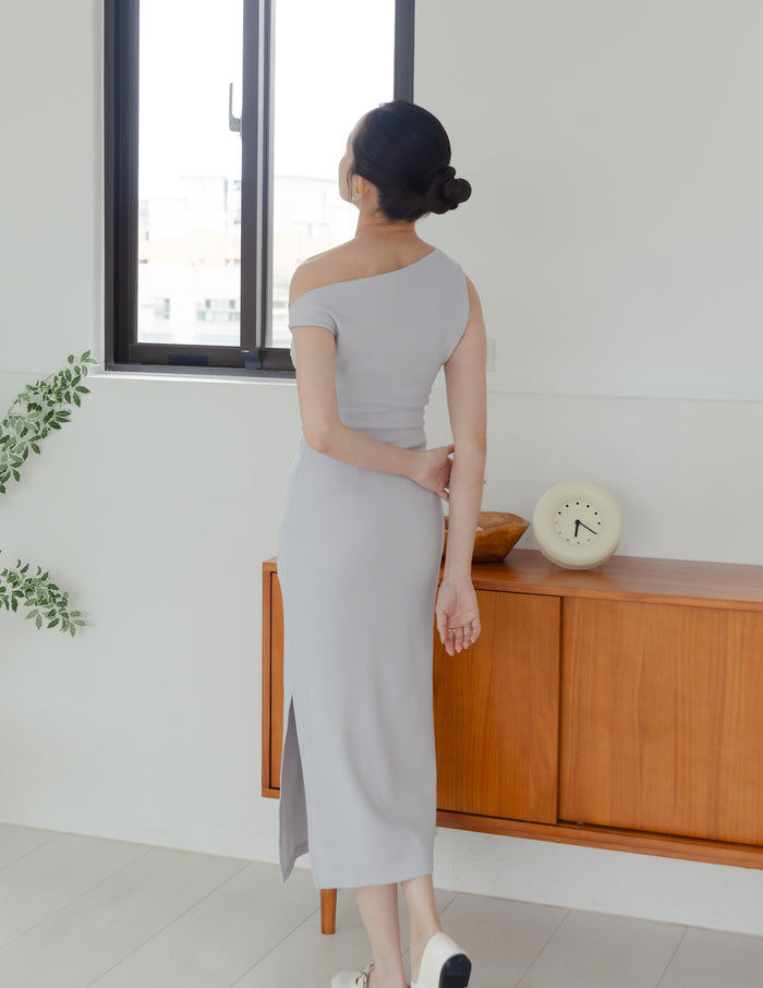 Carys Off Shoulder Midi Dress in Grey Blue