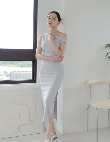 Carys Off Shoulder Midi Dress in Grey Blue