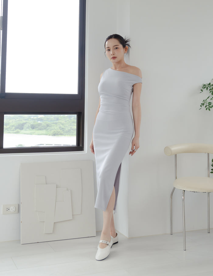 Carys Off Shoulder Midi Dress in Grey Blue