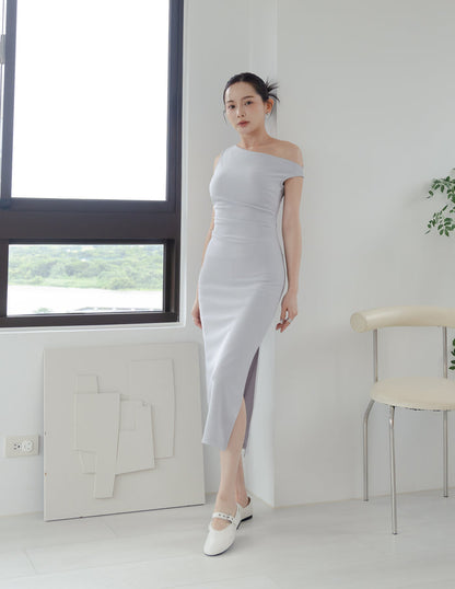 Carys Off Shoulder Midi Dress in Grey Blue