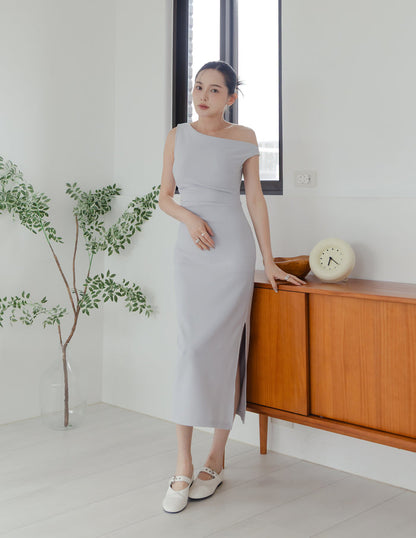 Carys Off Shoulder Midi Dress in Grey Blue