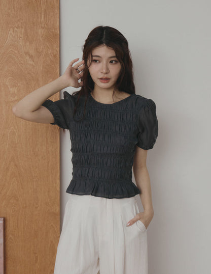 Cloe Shirred Puff Sleeve Top in Midnight