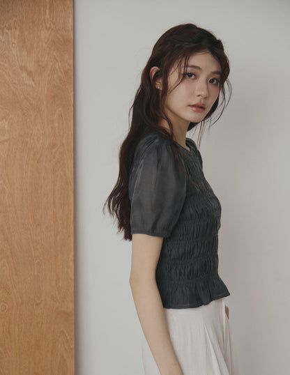 Cloe Shirred Puff Sleeve Top in Midnight