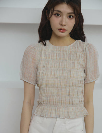 Cloe Shirred Puff Sleeve Top in Pastel Plaid