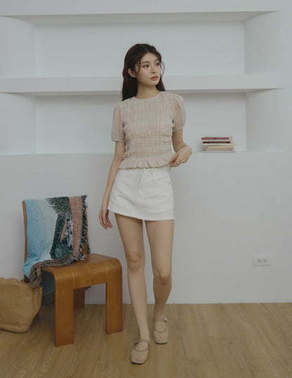 Cloe Shirred Puff Sleeve Top in Pastel Plaid