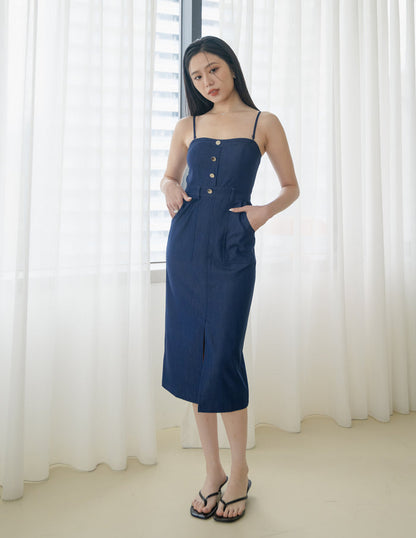 Delvina Padded Denim Dress in Dark Wash