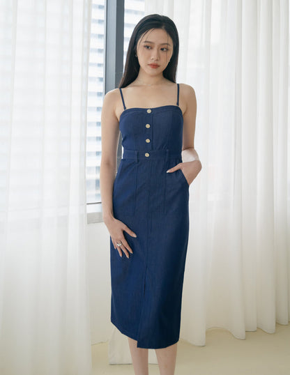 Delvina Padded Denim Dress in Dark Wash