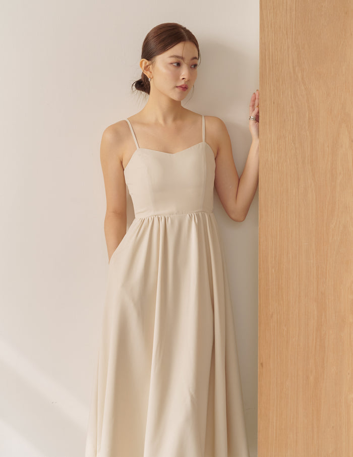 Devina Padded Midi Dress in Beige