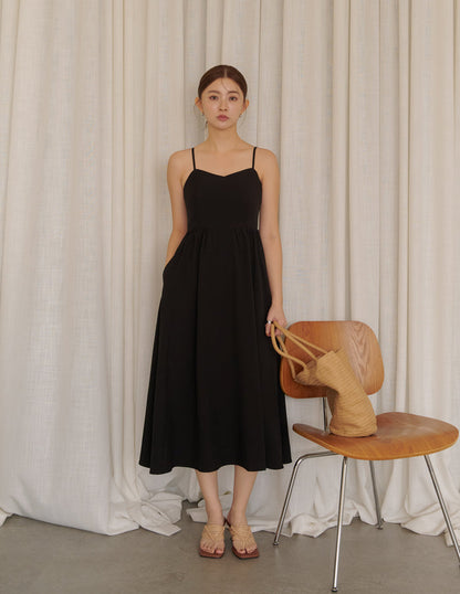 Devina Padded Midi Dress in Black