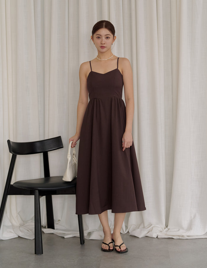 Devina Padded Midi Dress in Brown