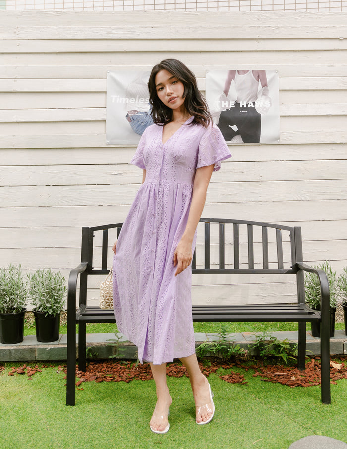 Dionne Eyelet Midi Dress in Lilac
