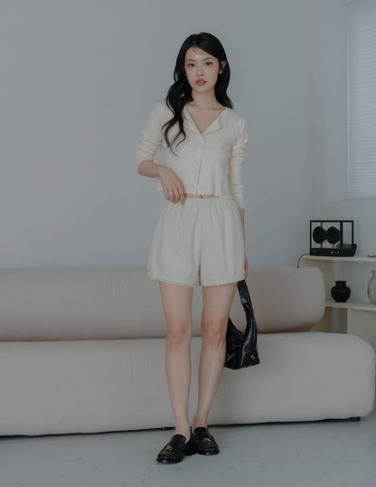 Ellis Lace Trim Linen Shorts in Sand