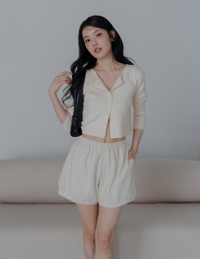 Ellis Lace Trim Linen Shorts in Sand