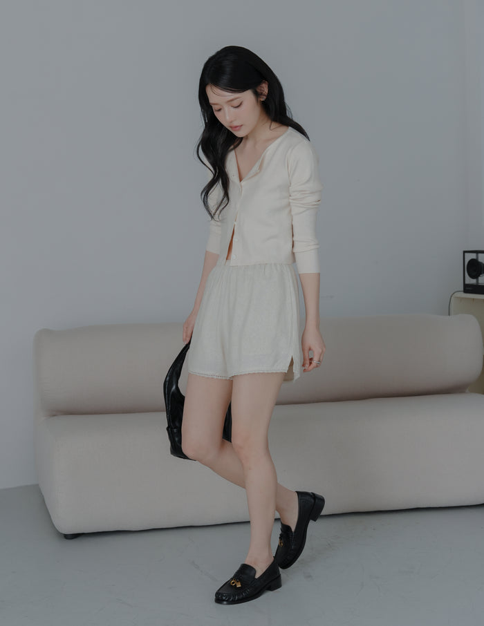 Ellis Lace Trim Linen Shorts in Sand