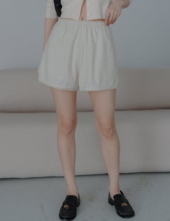 Ellis Lace Trim Linen Shorts in Sand
