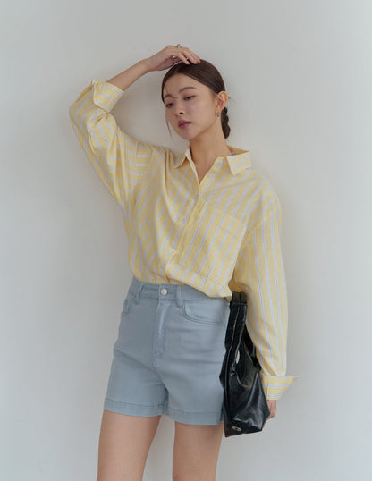 Emma Stretchy High Waisted Denim Shorts in Light Wash