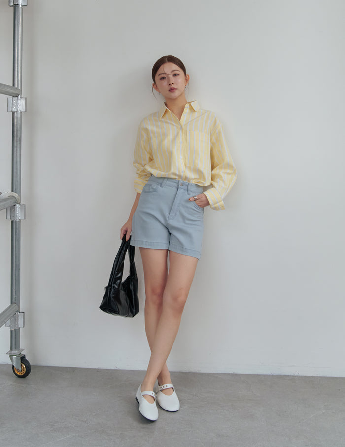 Emma Stretchy High Waisted Denim Shorts in Light Wash