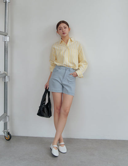 Emma Stretchy High Waisted Denim Shorts in Light Wash