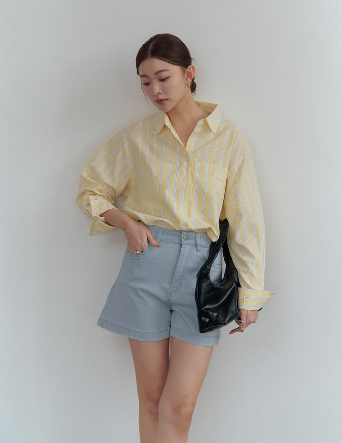 Emma Stretchy High Waisted Denim Shorts in Light Wash