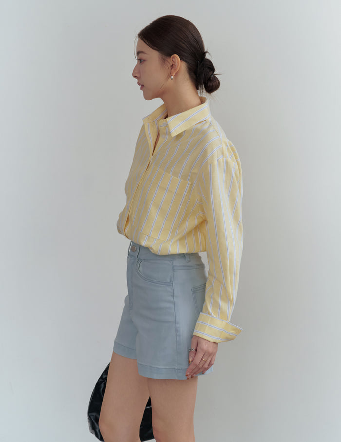 Emma Stretchy High Waisted Denim Shorts in Light Wash