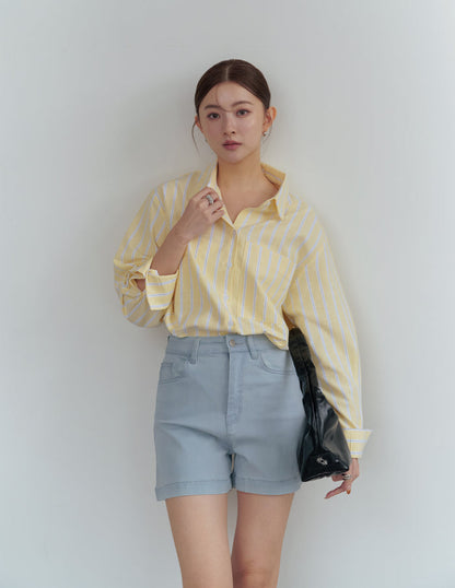Emma Stretchy High Waisted Denim Shorts in Light Wash