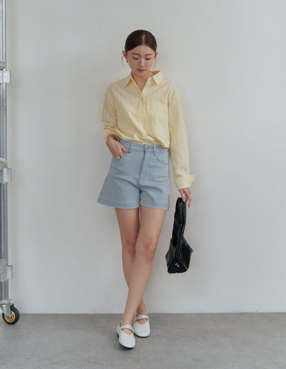 Emma Stretchy High Waisted Denim Shorts in Light Wash