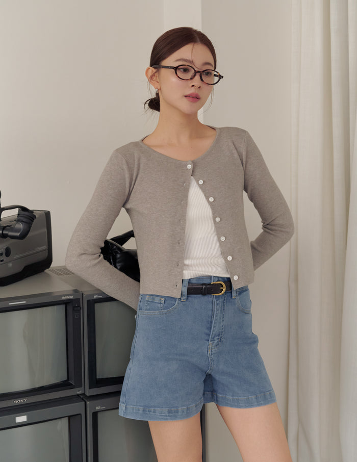 Emma Stretchy High Waisted Denim Shorts in Mid Wash