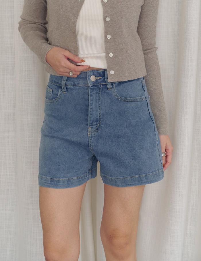 Emma Stretchy High Waisted Denim Shorts in Mid Wash
