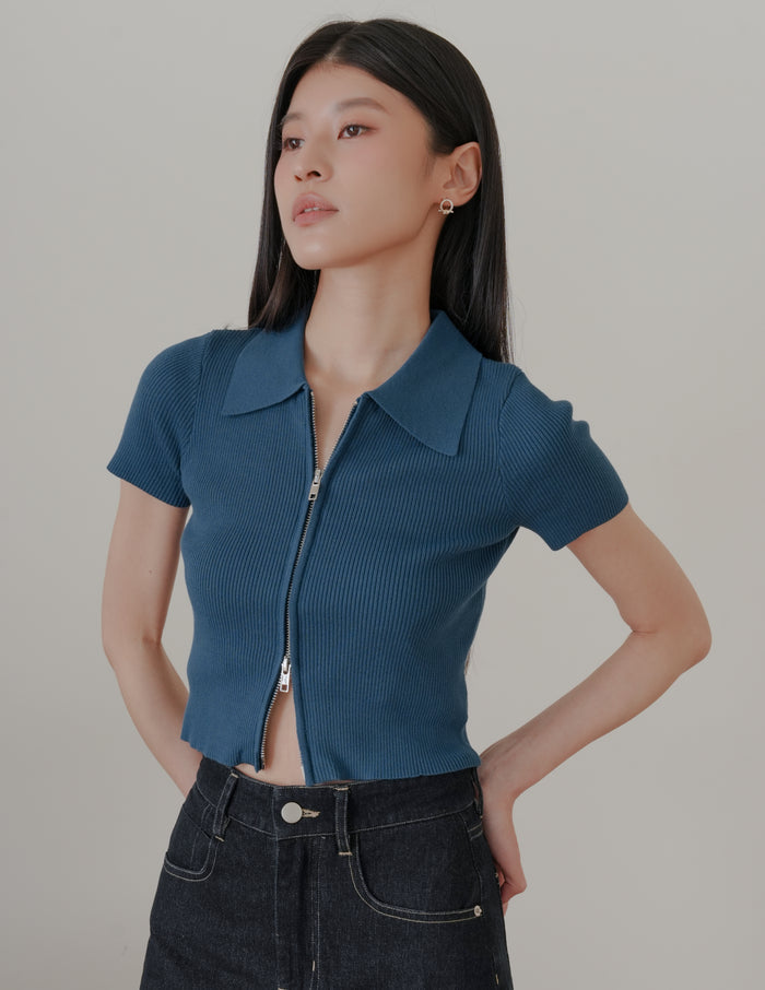 Esme Zip Through Knit Top in Blue