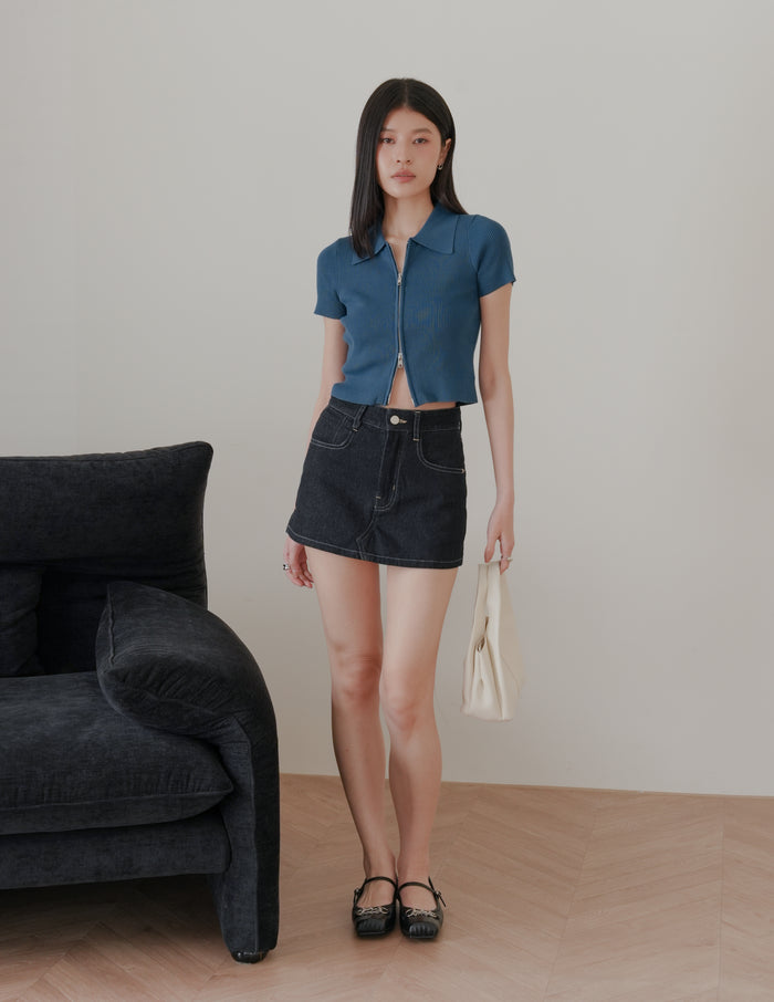 Esme Zip Through Knit Top in Blue