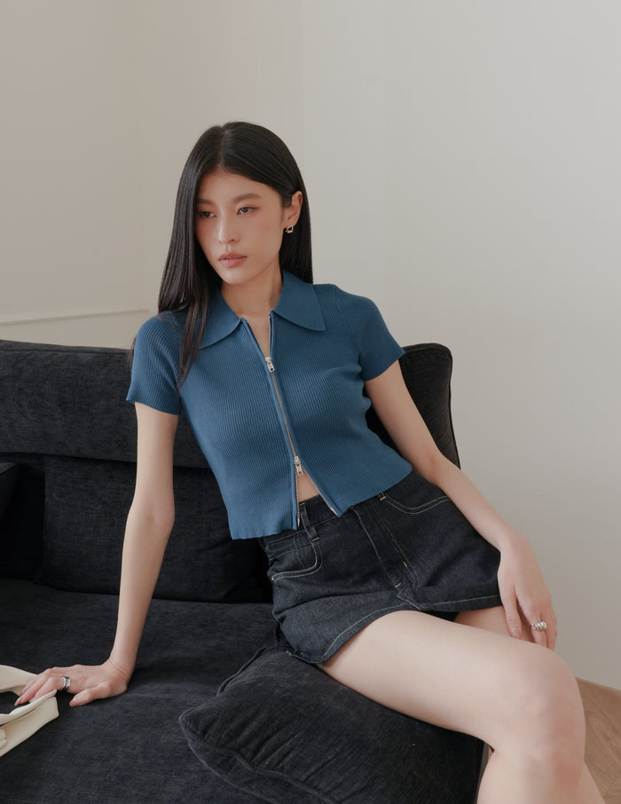 Esme Zip Through Knit Top in Blue