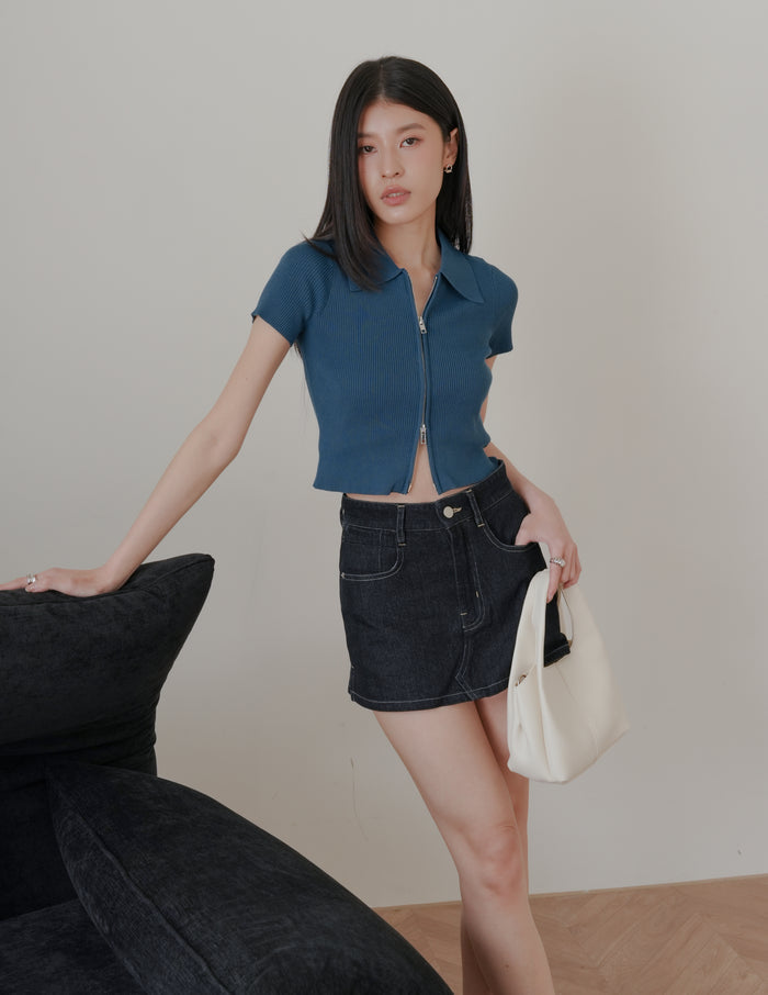 Esme Zip Through Knit Top in Blue