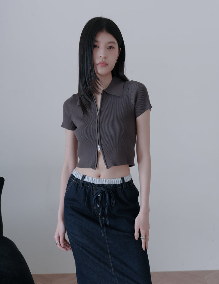 Esme Zip Through Knit Top in Charcoal
