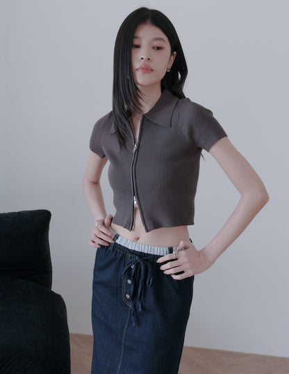 Esme Zip Through Knit Top in Charcoal