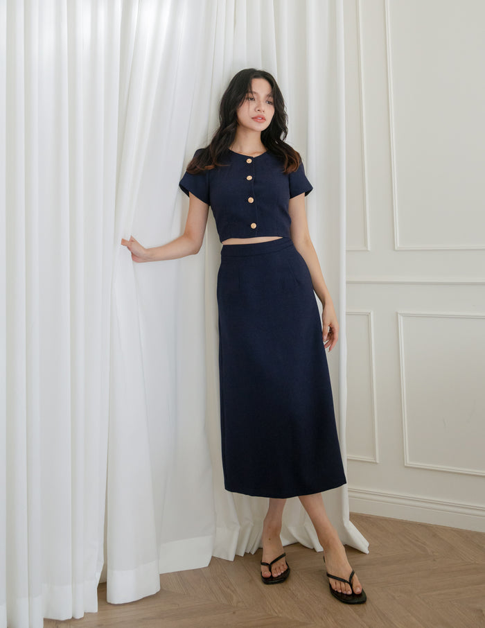 Eve Tweed Midi Skirt in Navy