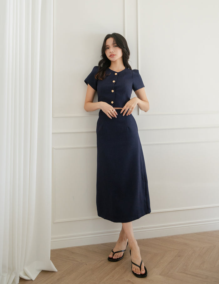 Eve Tweed Midi Skirt in Navy
